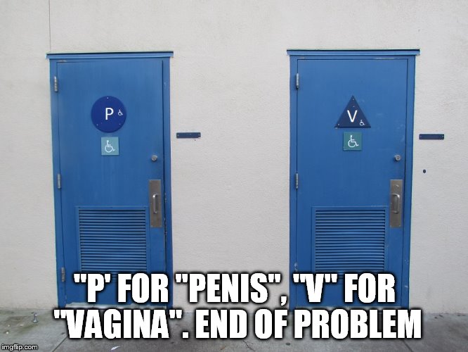 Genital Identity Bathroom | "P' FOR "P**IS", "V" FOR "VA**NA". END OF PROBLEM | image tagged in genital identity bathroom | made w/ Imgflip meme maker