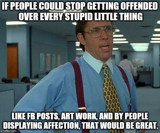 Instead get offended by war, poverty, crime, injustice and greed | IF PEOPLE COULD STOP GETTING OFFENDED OVER EVERY STUPID LITTLE THING; LIKE FB POSTS, ART WORK, AND BY PEOPLE DISPLAYING AFFECTION, THAT WOULD BE GREAT. | image tagged in memes,that would be great | made w/ Imgflip meme maker
