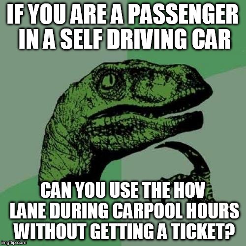 Philosoraptor | IF YOU ARE A PASSENGER IN A SELF DRIVING CAR; CAN YOU USE THE HOV LANE DURING CARPOOL HOURS WITHOUT GETTING A TICKET? | image tagged in memes,philosoraptor | made w/ Imgflip meme maker
