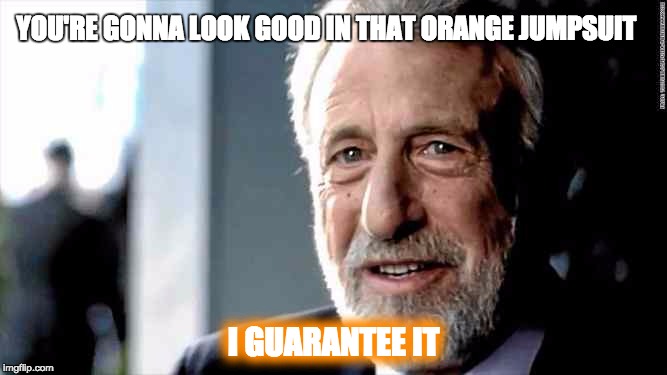 YOU'RE GONNA LOOK GOOD IN THAT ORANGE JUMPSUIT; I GUARANTEE IT | image tagged in gzimmer | made w/ Imgflip meme maker