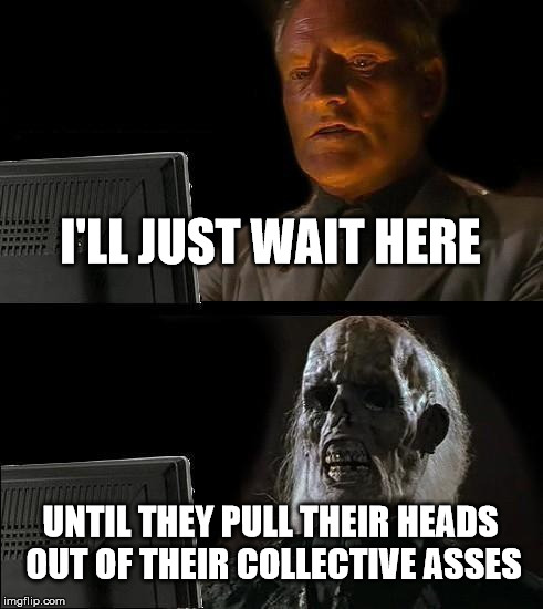 I'll Just Wait Here | I'LL JUST WAIT HERE; UNTIL THEY PULL THEIR HEADS OUT OF THEIR COLLECTIVE ASSES | image tagged in memes,ill just wait here | made w/ Imgflip meme maker