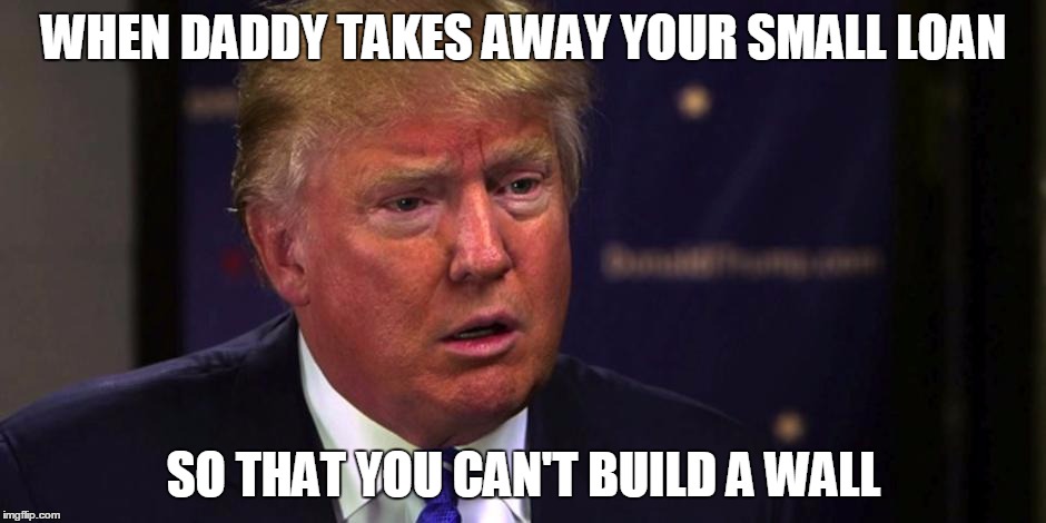 Sad Trump | WHEN DADDY TAKES AWAY YOUR SMALL LOAN; SO THAT YOU CAN'T BUILD A WALL | image tagged in sad trump | made w/ Imgflip meme maker