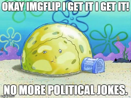 What I hear constantly here. | OKAY IMGFLIP I GET IT I GET IT! NO MORE POLITICAL JOKES. | image tagged in no more x jokes,political,jokes | made w/ Imgflip meme maker