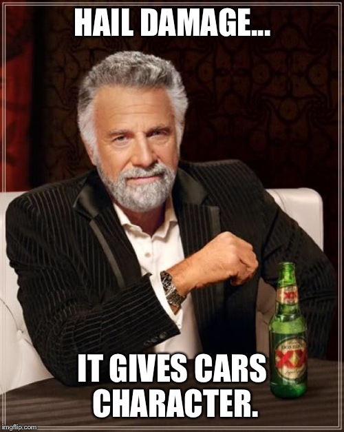 The Most Interesting Man In The World Meme | HAIL DAMAGE... IT GIVES CARS CHARACTER. | image tagged in memes,the most interesting man in the world | made w/ Imgflip meme maker