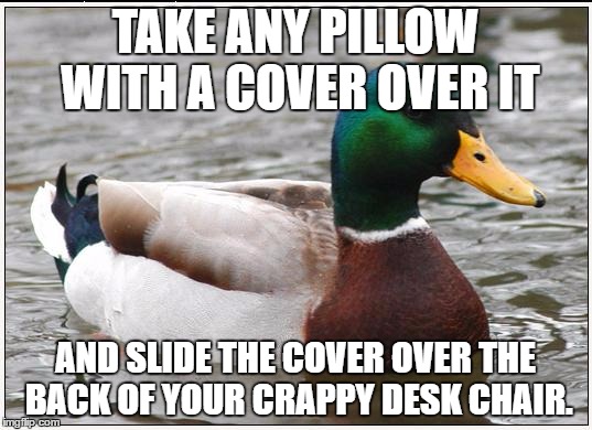 instant cushion, that wont fall out of place | TAKE ANY PILLOW WITH A COVER OVER IT; AND SLIDE THE COVER OVER THE BACK OF YOUR CRAPPY DESK CHAIR. | image tagged in memes,actual advice mallard | made w/ Imgflip meme maker