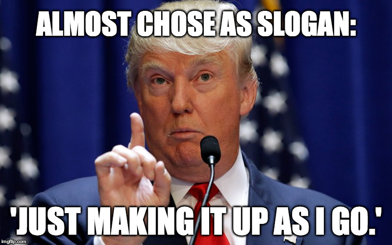 Donald Trump | ALMOST CHOSE AS SLOGAN:; 'JUST MAKING IT UP AS I GO.' | image tagged in donald trump | made w/ Imgflip meme maker