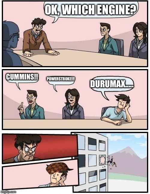 Boardroom Meeting Suggestion Meme | OK, WHICH ENGINE? CUMMINS!! POWERSTROKE!!! DURUMAX..... | image tagged in memes,boardroom meeting suggestion,scumbag | made w/ Imgflip meme maker