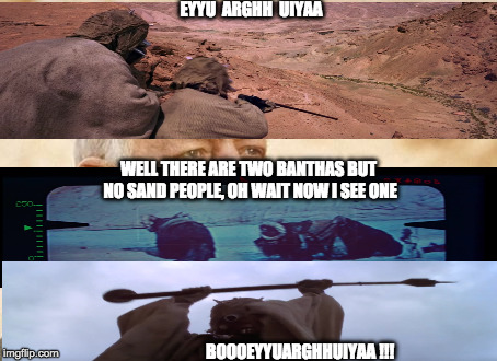 Obi Wan Kenobi | EYYU  ARGHH  UIYAA; WELL THERE ARE TWO BANTHAS BUT NO SAND PEOPLE, OH WAIT NOW I SEE ONE; BOOOEYYUARGHHUIYAA !!! | image tagged in memes,obi wan kenobi | made w/ Imgflip meme maker