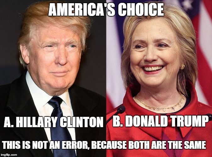 Trump-Hillary | AMERICA'S CHOICE; B. DONALD TRUMP; A. HILLARY CLINTON; THIS IS NOT AN ERROR, BECAUSE BOTH ARE THE SAME | image tagged in trump-hillary | made w/ Imgflip meme maker