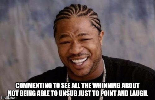 Yo Dawg Heard You Meme | COMMENTING TO SEE ALL THE WHINNING ABOUT NOT BEING ABLE TO UNSUB JUST TO POINT AND LAUGH. | image tagged in memes,yo dawg heard you | made w/ Imgflip meme maker