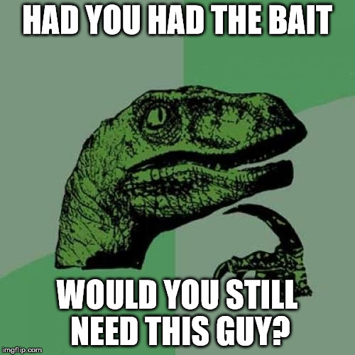 Philosoraptor Meme | HAD YOU HAD THE BAIT WOULD YOU STILL NEED THIS GUY? | image tagged in memes,philosoraptor | made w/ Imgflip meme maker