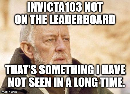 obiwan | INVICTA103 NOT ON THE LEADERBOARD; THAT'S SOMETHING I HAVE NOT SEEN IN A LONG TIME. | image tagged in obiwan | made w/ Imgflip meme maker