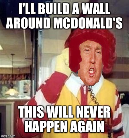 Ronald Trump | I'LL BUILD A WALL AROUND MCDONALD'S THIS WILL NEVER HAPPEN AGAIN | image tagged in ronald trump | made w/ Imgflip meme maker