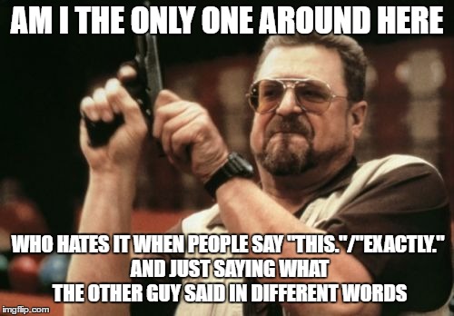 Am I The Only One Around Here Meme | AM I THE ONLY ONE AROUND HERE; WHO HATES IT WHEN PEOPLE SAY "THIS."/"EXACTLY." AND JUST SAYING WHAT THE OTHER GUY SAID IN DIFFERENT WORDS | image tagged in memes,am i the only one around here,AdviceAnimals | made w/ Imgflip meme maker