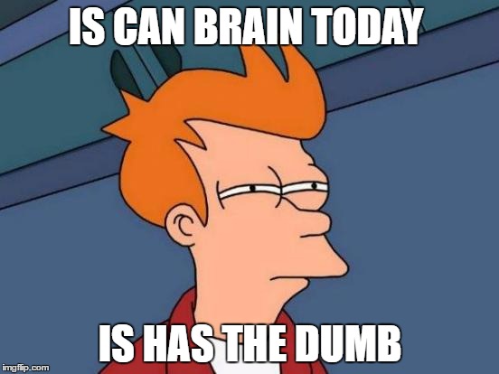 Futurama Fry | IS CAN BRAIN TODAY; IS HAS THE DUMB | image tagged in memes,futurama fry | made w/ Imgflip meme maker