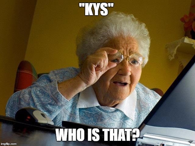 Grandma Finds The Internet | "KYS"; WHO IS THAT? | image tagged in memes,grandma finds the internet | made w/ Imgflip meme maker