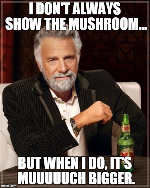 The Most Interesting Man In The World Meme | I DON'T ALWAYS SHOW THE MUSHROOM... BUT WHEN I DO, IT'S MUUUUUCH BIGGER. | image tagged in memes,the most interesting man in the world | made w/ Imgflip meme maker