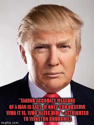 Donald Trump | "TAKING ACCURATE MEASURE OF A MAN IS EASY, IF ONLY YOU OBSERVE WHO IT IS, WHO HATES HIM."--ATTRIBUTED TO WINSTON CHURCHILL | image tagged in donald trump | made w/ Imgflip meme maker