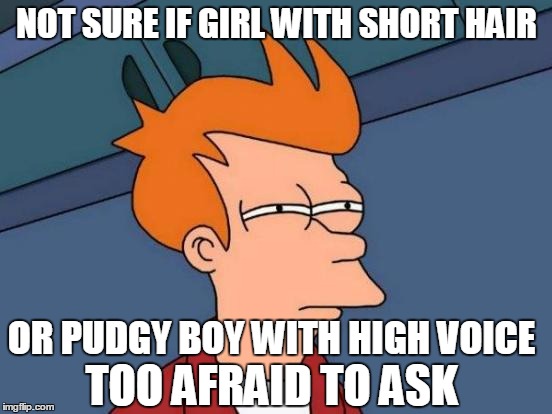 Awkward indecision | NOT SURE IF GIRL WITH SHORT HAIR; OR PUDGY BOY WITH HIGH VOICE; TOO AFRAID TO ASK | image tagged in memes,futurama fry,gender identity | made w/ Imgflip meme maker