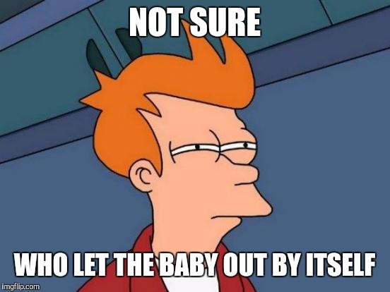 Futurama Fry Meme | NOT SURE WHO LET THE BABY OUT BY ITSELF | image tagged in memes,futurama fry | made w/ Imgflip meme maker
