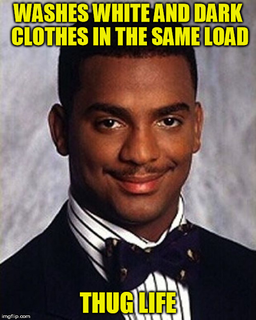 Carlton Banks Thug Life | WASHES WHITE AND DARK CLOTHES IN THE SAME LOAD; THUG LIFE | image tagged in carlton banks thug life,memes,thug life | made w/ Imgflip meme maker
