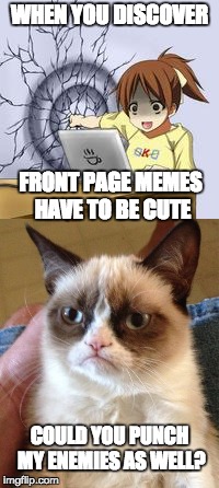 Upvote because they're funny, or you agree with them, or they're awesome gifs, but many front page memes are crappy these days | WHEN YOU DISCOVER; FRONT PAGE MEMES HAVE TO BE CUTE; COULD YOU PUNCH MY ENEMIES AS WELL? | image tagged in anime wall punch,memes,grumpy cat,cats,anime | made w/ Imgflip meme maker