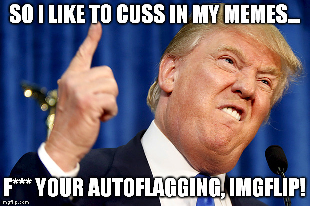 And your autoflagging horse, too! | SO I LIKE TO CUSS IN MY MEMES... F*** YOUR AUTOFLAGGING, IMGFLIP! | image tagged in donald trump,autoflag,imgflip,cuss,memes | made w/ Imgflip meme maker