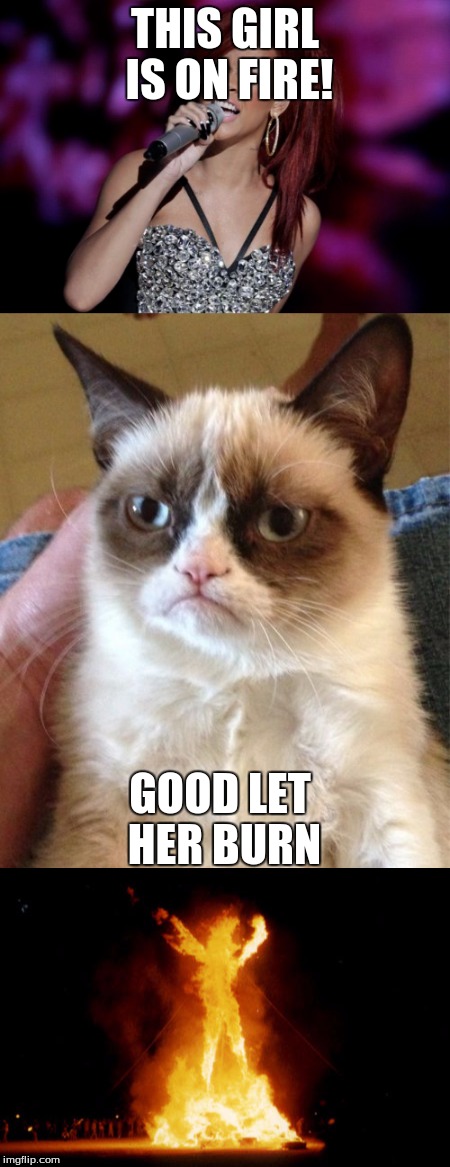 Burn baby, burn | THIS GIRL IS ON FIRE! GOOD LET HER BURN | image tagged in grumpy cat,fire | made w/ Imgflip meme maker