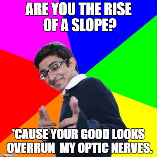 slope = rise over run | ARE YOU THE RISE OF A SLOPE? 'CAUSE YOUR GOOD LOOKS OVERRUN  MY OPTIC NERVES. | image tagged in memes,subtle pickup liner | made w/ Imgflip meme maker