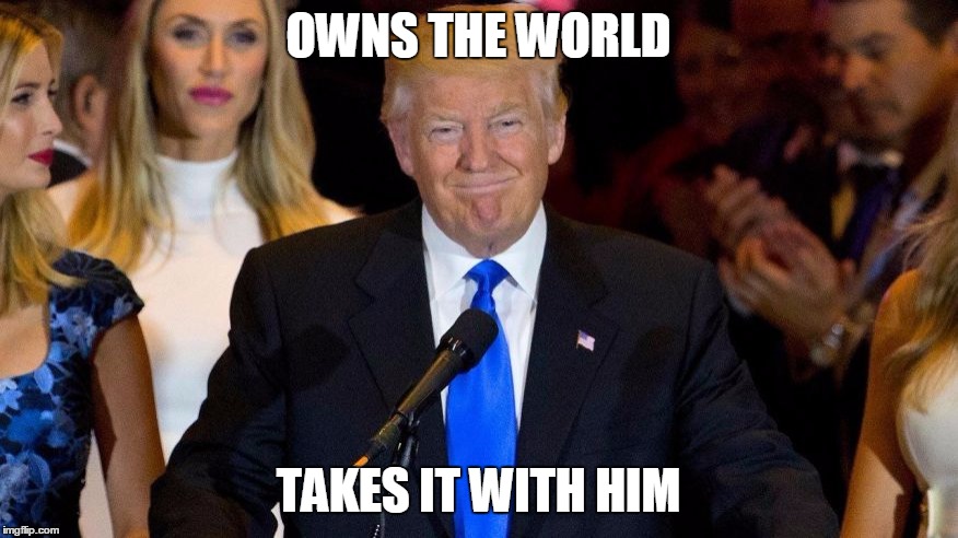 Trump Wins | OWNS THE WORLD TAKES IT WITH HIM | image tagged in trump wins | made w/ Imgflip meme maker