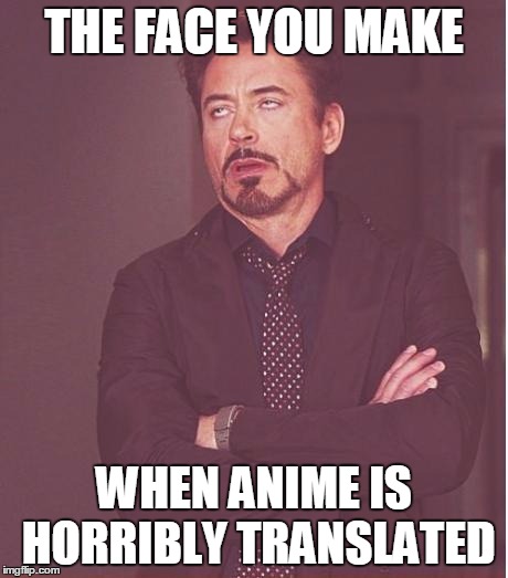 Face You Make Robert Downey Jr Meme | THE FACE YOU MAKE WHEN ANIME IS HORRIBLY TRANSLATED | image tagged in memes,face you make robert downey jr | made w/ Imgflip meme maker