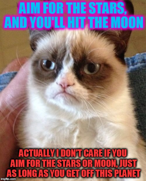 Grumpy Cat Meme | AIM FOR THE STARS, AND YOU'LL HIT THE MOON ACTUALLY I DON'T CARE IF YOU AIM FOR THE STARS OR MOON, JUST AS LONG AS YOU GET OFF THIS PLANET | image tagged in memes,grumpy cat | made w/ Imgflip meme maker