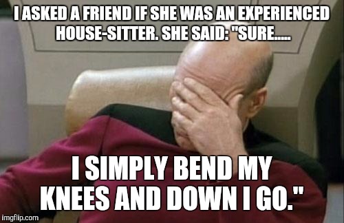 Captain Picard Facepalm | I ASKED A FRIEND IF SHE WAS AN EXPERIENCED HOUSE-SITTER. SHE SAID: "SURE..... I SIMPLY BEND MY KNEES AND DOWN I GO." | image tagged in memes,captain picard facepalm | made w/ Imgflip meme maker
