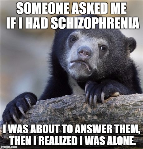 Confession Bear | SOMEONE ASKED ME IF I HAD SCHIZOPHRENIA; I WAS ABOUT TO ANSWER THEM, THEN I REALIZED I WAS ALONE. | image tagged in memes,confession bear | made w/ Imgflip meme maker