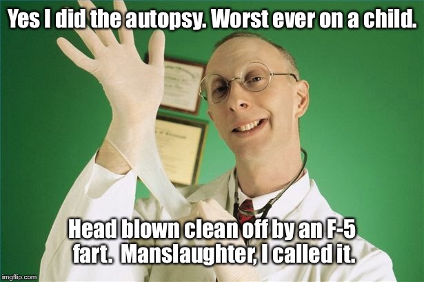 Yes I did the autopsy. Worst ever on a child. Head blown clean off by an F-5 fart.  Manslaughter, I called it. | made w/ Imgflip meme maker