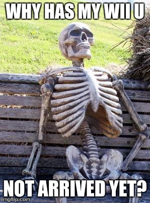 Waiting Skeleton | WHY HAS MY WII U; NOT ARRIVED YET? | image tagged in memes,waiting skeleton | made w/ Imgflip meme maker