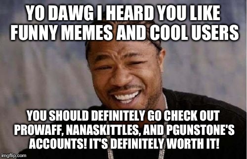 I noticed these 3 users have been pretty busy lately making a lot of funny comments. Their profile pages are even better! | YO DAWG I HEARD YOU LIKE FUNNY MEMES AND COOL USERS; YOU SHOULD DEFINITELY GO CHECK OUT PROWAFF, NANASKITTLES, AND PGUNSTONE'S ACCOUNTS! IT'S DEFINITELY WORTH IT! | image tagged in memes,yo dawg heard you,new imgflippers,funny | made w/ Imgflip meme maker