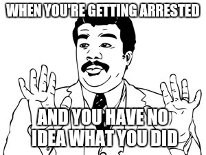Neil deGrasse Tyson | WHEN YOU'RE GETTING ARRESTED; AND YOU HAVE NO IDEA WHAT YOU DID | image tagged in memes,neil degrasse tyson | made w/ Imgflip meme maker