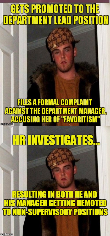 Here's a follow up! Karma's a female dog! | HR INVESTIGATES... RESULTING IN BOTH HE AND HIS MANAGER GETTING DEMOTED TO NON-SUPERVISORY POSITIONS | image tagged in scumbag steve,i hate my job | made w/ Imgflip meme maker
