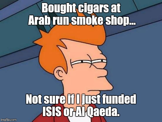 Futurama Fry and buying smokes | Bought cigars at Arab run smoke shop... Not sure if I just funded ISIS or Al Qaeda. | image tagged in memes,futurama fry,smoke,cigar,terrorism | made w/ Imgflip meme maker