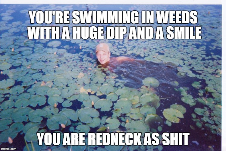 redneck swimming 1 | YOU'RE SWIMMING IN WEEDS WITH A HUGE DIP AND A SMILE; YOU ARE REDNECK AS SHIT | image tagged in swimming,redneck | made w/ Imgflip meme maker