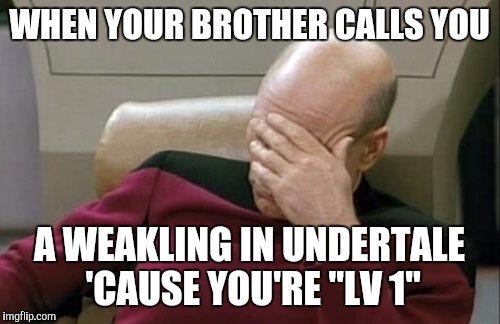 Captain Picard Facepalm | WHEN YOUR BROTHER CALLS YOU; A WEAKLING IN UNDERTALE 'CAUSE YOU'RE "LV 1" | image tagged in memes,captain picard facepalm | made w/ Imgflip meme maker