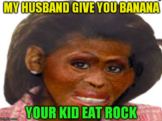 How 'bout...NO! | MY HUSBAND GIVE YOU BANANA; YOUR KID EAT ROCK | image tagged in memes,pota michelle obama | made w/ Imgflip meme maker