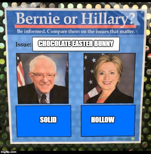 Bernie or Hillary? | CHOCOLATE EASTER BUNNY; SOLID                           HOLLOW | image tagged in bernie or hillary | made w/ Imgflip meme maker