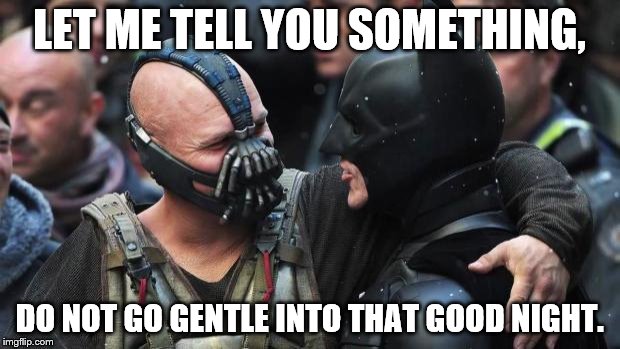 Bane Batman Bromance |  LET ME TELL YOU SOMETHING, DO NOT GO GENTLE INTO THAT GOOD NIGHT. | image tagged in bane batman bromance | made w/ Imgflip meme maker