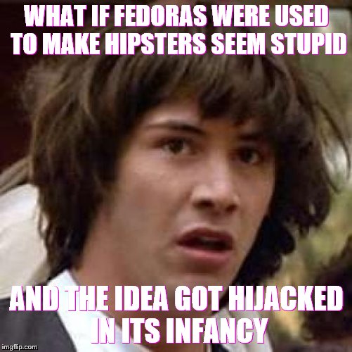 Conspiracy Keanu | WHAT IF FEDORAS WERE USED TO MAKE HIPSTERS SEEM STUPID; AND THE IDEA GOT HIJACKED IN ITS INFANCY | image tagged in memes,conspiracy keanu | made w/ Imgflip meme maker