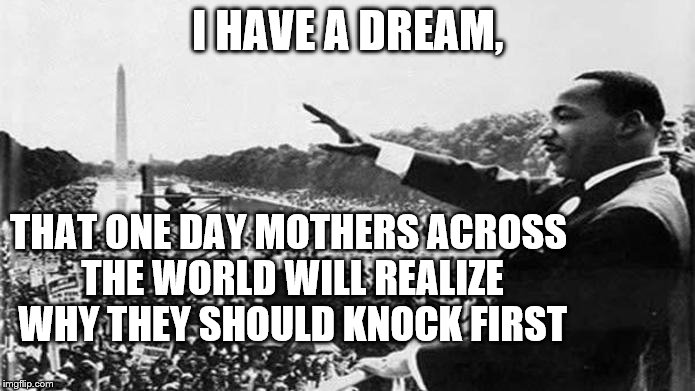 This image is intended to be highly educational. | I HAVE A DREAM, THAT ONE DAY MOTHERS ACROSS THE WORLD WILL REALIZE WHY THEY SHOULD KNOCK FIRST | image tagged in funny memes,i have a dream,and that's all i have to say about that | made w/ Imgflip meme maker