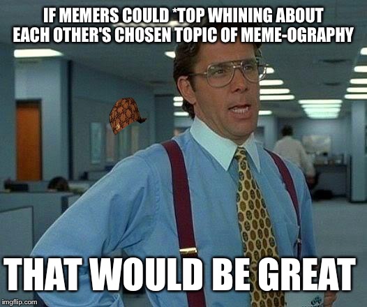 That Would Be Great Meme | IF MEMERS COULD *TOP WHINING ABOUT EACH OTHER'S CHOSEN TOPIC OF MEME-OGRAPHY THAT WOULD BE GREAT | image tagged in memes,that would be great,scumbag | made w/ Imgflip meme maker
