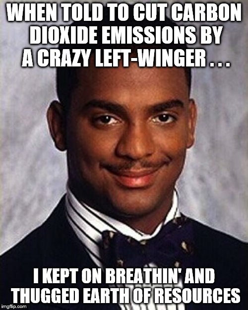 Carlton Banks Thug Life | WHEN TOLD TO CUT CARBON DIOXIDE EMISSIONS BY A CRAZY LEFT-WINGER . . . I KEPT ON BREATHIN' AND THUGGED EARTH OF RESOURCES | image tagged in carlton banks thug life | made w/ Imgflip meme maker
