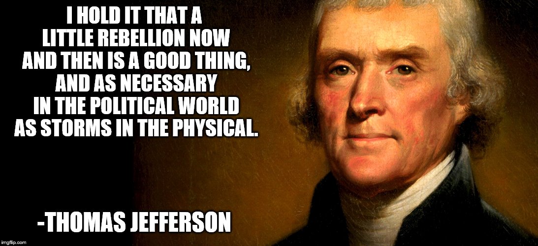 I HOLD IT THAT A LITTLE REBELLION NOW AND THEN IS A GOOD THING, AND AS NECESSARY IN THE POLITICAL WORLD AS STORMS IN THE PHYSICAL. -THOMAS JEFFERSON | image tagged in -frankelkins | made w/ Imgflip meme maker